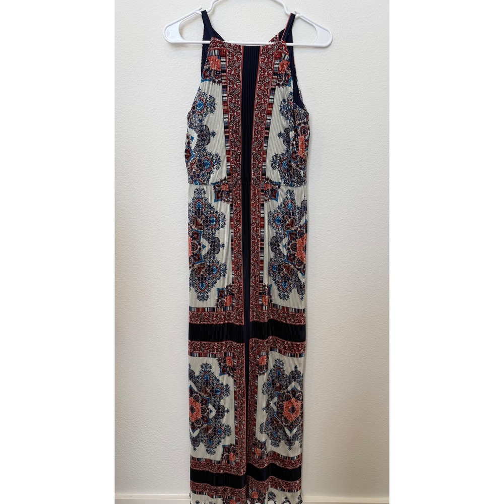 CB Established 1962 Womens Pleated Maxi Dress Navy Orange Boho Tile Print Sz 6
